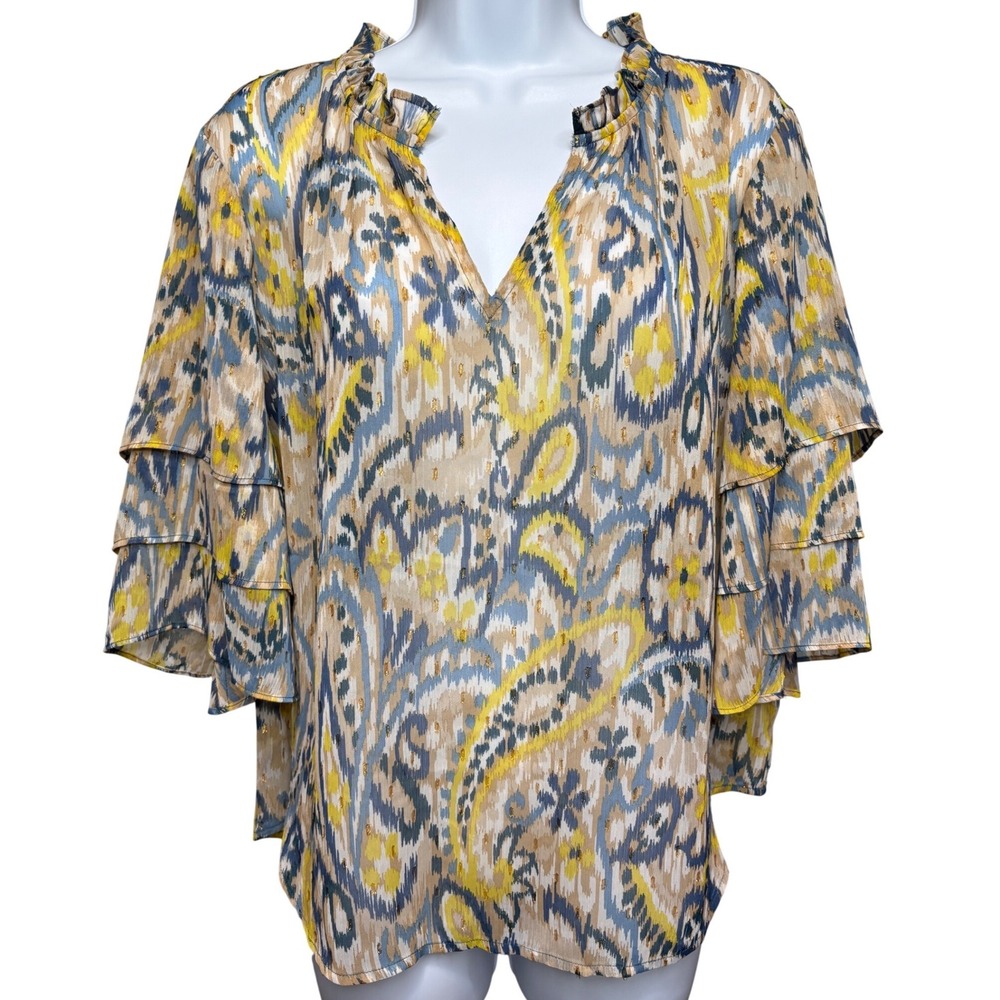 CHICO'S Womens Multicolor Sheer Paisley Ikat Blouse Sz 2/L Tiered Ruffle Boho